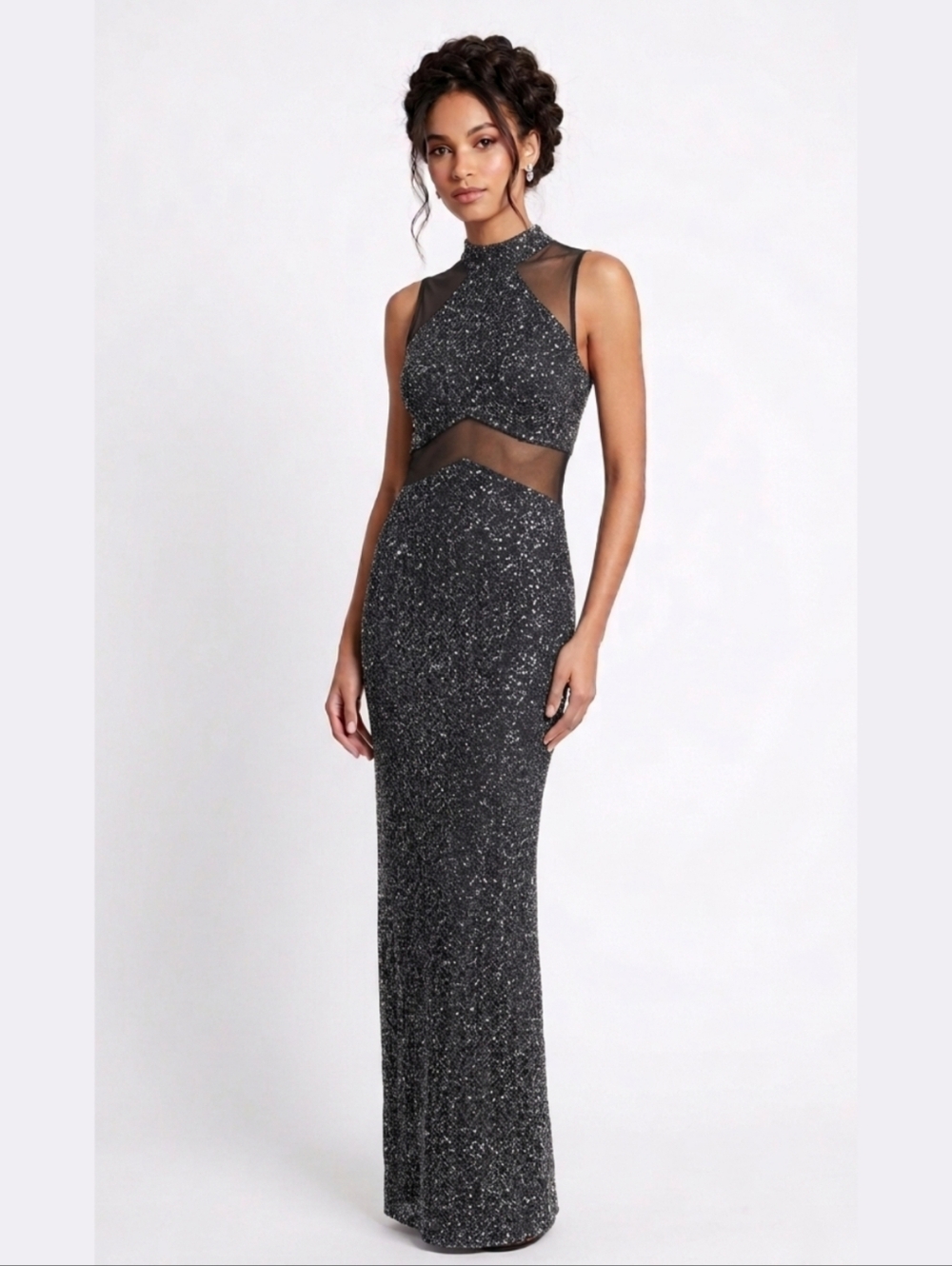 Lori Weidner Evenings Black Silver Glitter Mesh Cutout Maxi Dress Size 10 Gown